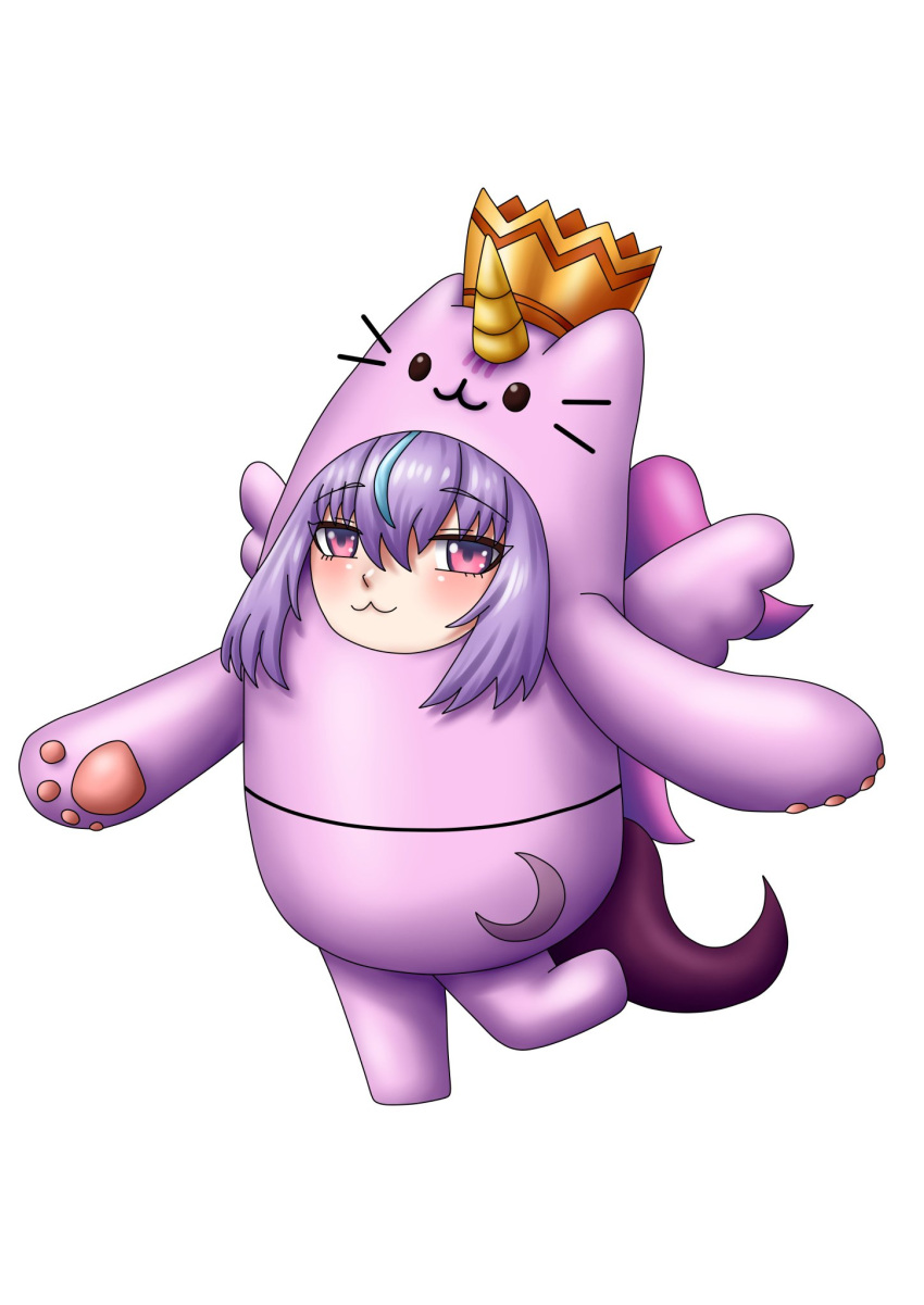 1girl, :3, cat, cat_paws, crown, demosense, fall_guys, horns, hyogayome, indie_virtual_youtuber, moon, pale-skinned_female, pale_skin, pink_eyes, purple_hair, virtual_youtuber, wings
