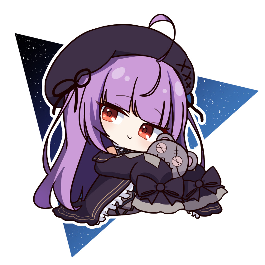 1girl, ahoge, beret, black_bow, black_dress, black_headwear, blunt_bangs, bow