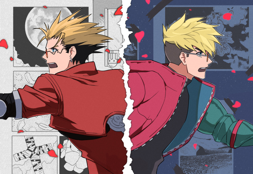2boys, arm_up, black_shirt, blonde_hair, blue_background, blue_eyes, commentary_request, earrings, eridin3038, glasses, highres, jacket, jewelry, korean_commentary, male_focus, mole, mole_under_eye, multiple_boys, open_mouth, orange-tinted_eyewear, profile, prosthesis, prosthetic_arm, red_jacket, round_eyewear, shirt, short_hair, single_earring, split_screen, teeth, tinted_eyewear, trigun, trigun_stampede, upper_body, upper_teeth_only, v-shaped_eyebrows, vash_the_stampede, white_background
