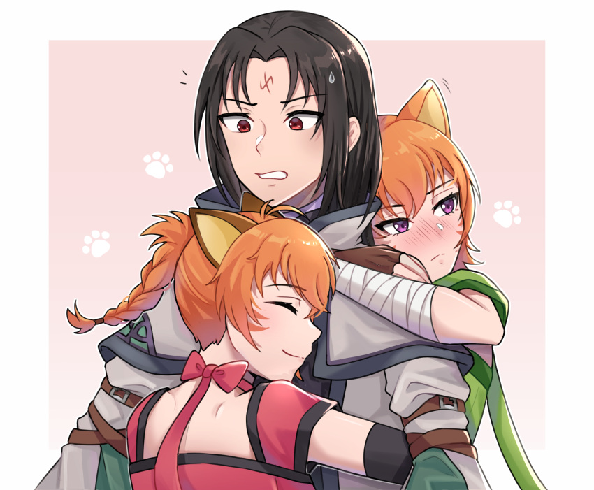 1boy, 2girls, animal_ears, arm_wrap, blush, cat_ears, cat_girl, cat_tail