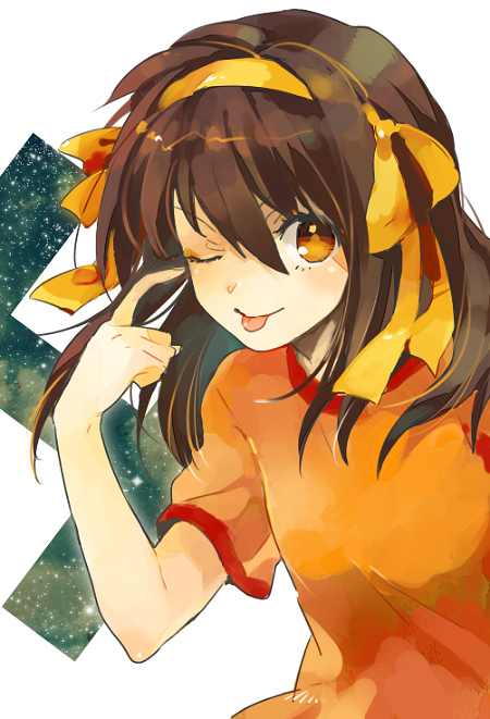 brown_hair, casual, h, hair_ribbon, hairband, long_hair, ribbon, suzumiya_haruhi, suzumiya_haruhi_(young), suzumiya_haruhi_no_yuuutsu, tongue, wink, zan_nenko