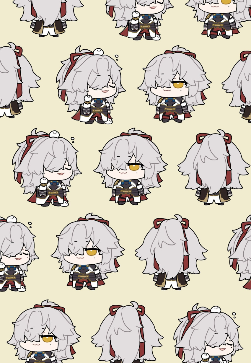 1boy, animal, animal_on_shoulder, armor, bird, bird_on_shoulder, chibi, chinese_clothes, closed_eyes, closed_mouth, full_body, hairband, high_ponytail, highres, honkai:_star_rail, honkai_(series), jing_yuan, long_hair, male_focus, mole, mole_under_eye, omochi_binta, open_mouth, ponytail, red_hairband, simple_background, smile, white_hair, yellow_background, yellow_eyes