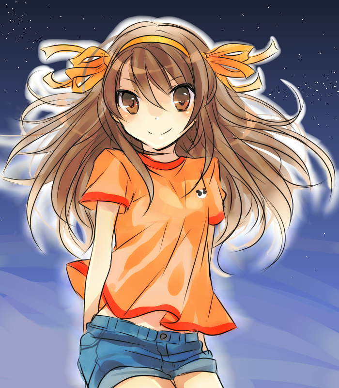 brown_eyes, brown_hair, denim, denim_shorts, hair_ribbon, hairband, kairi_(mglg), long_hair