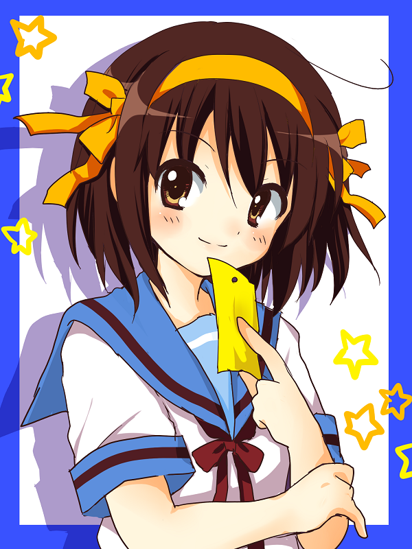 brown_hair, hair_ribbon, hairband, mochizuki_yomogi, ribbon, school_uniform, short_hair, solo