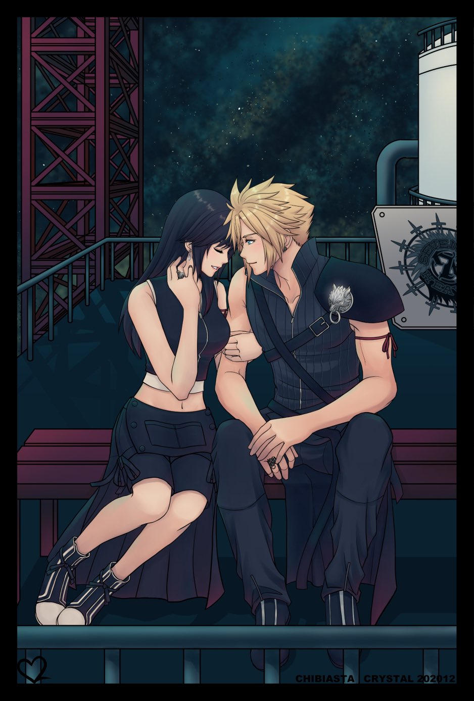 1boy, 1girl, apron, arm_hug, arm_ribbon, bare_shoulders, bench, black_apron