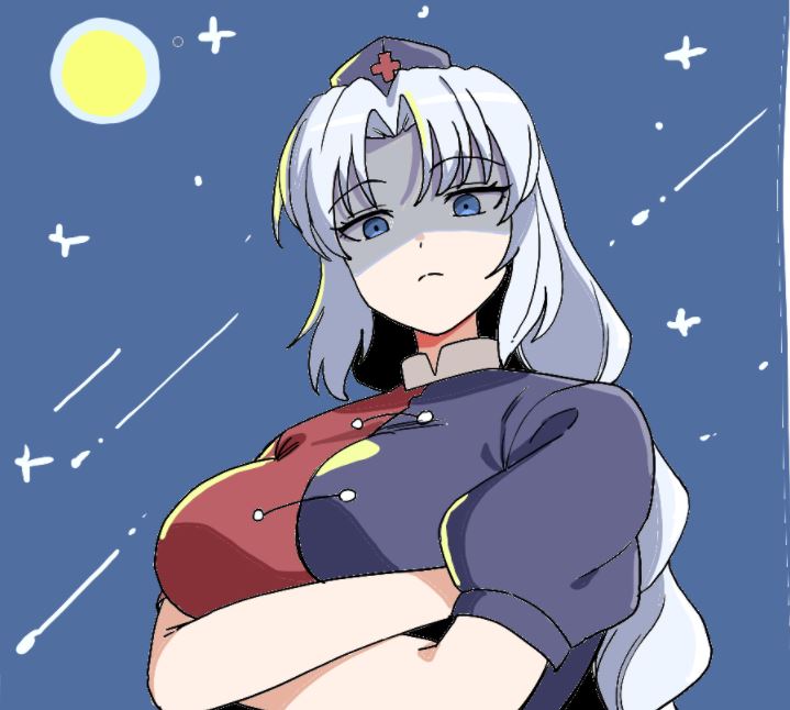 1girl, annoyed, blue_dress, blue_eyes, blue_hair, blue_headwear, breasts, cross