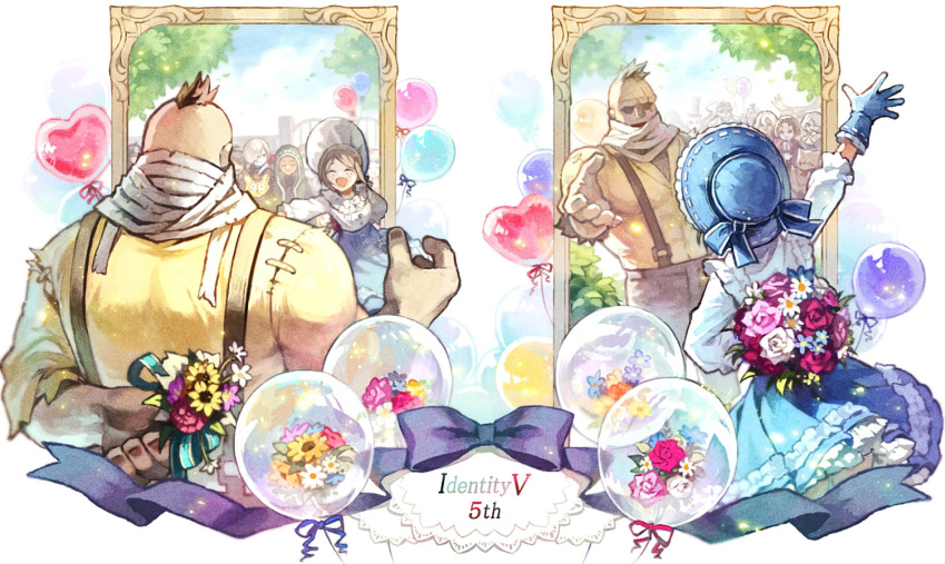 5girls, 6+boys, :d, ^_^, andrew_kreiss, anniversary, aqua_ribbon, arm_behind_back
