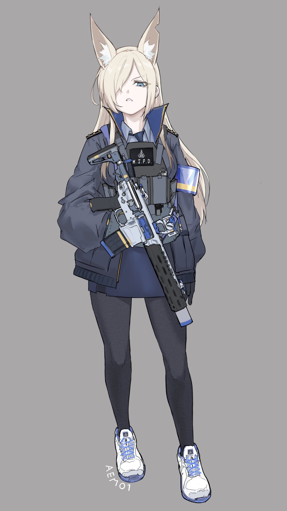 1girl, alma01, animal_ears, assault_rifle, black_pantyhose, blonde_hair, blue_archive, blue_eyes