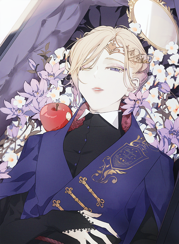 1boy, apple, black_bridal_gauntlets, black_sash, black_shirt, blonde_hair, braid, braided_bun