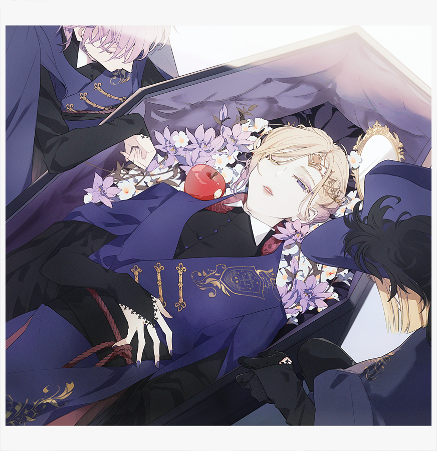 3boys, apple, black_bridal_gauntlets, black_gloves, black_sash, black_shirt, blonde_hair, blunt_ends