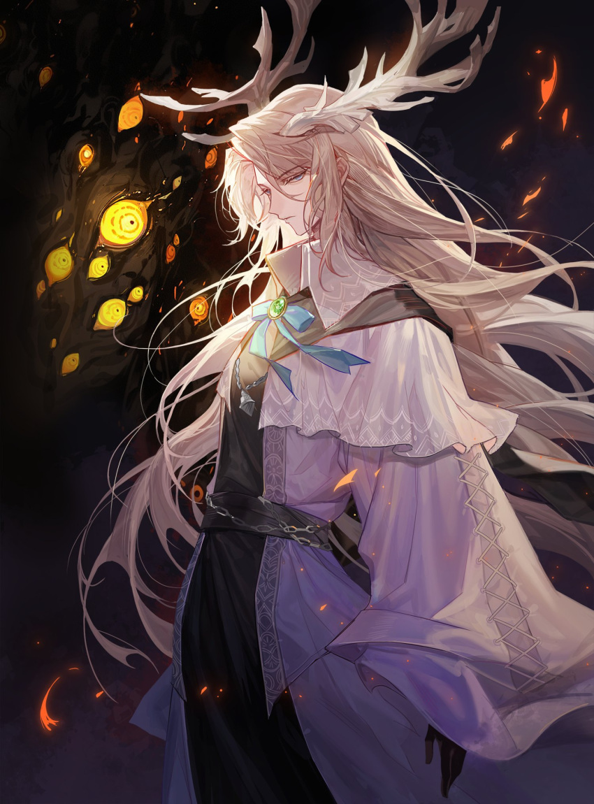 1boy, antlers, black_background, black_cape, black_gloves, black_robe, black_sash, blonde_hair