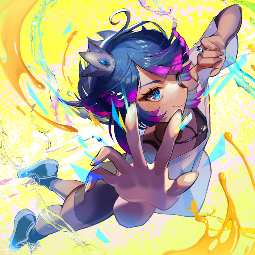 1girl, bike_shorts, black_shorts, blue_eyes, blue_hair, bubble, colored_tips, commission, crown, highres, indie_virtual_youtuber, jewelry, mini_crown, multicolored_background, multicolored_hair, necklace, osakana_nemu, paint, pink_hair, shirt, shoes, short_hair, shorts, skeb_commission, smile, sneakers, solo, virtual_youtuber, water, white_shirt, yellow_background, yuarima2