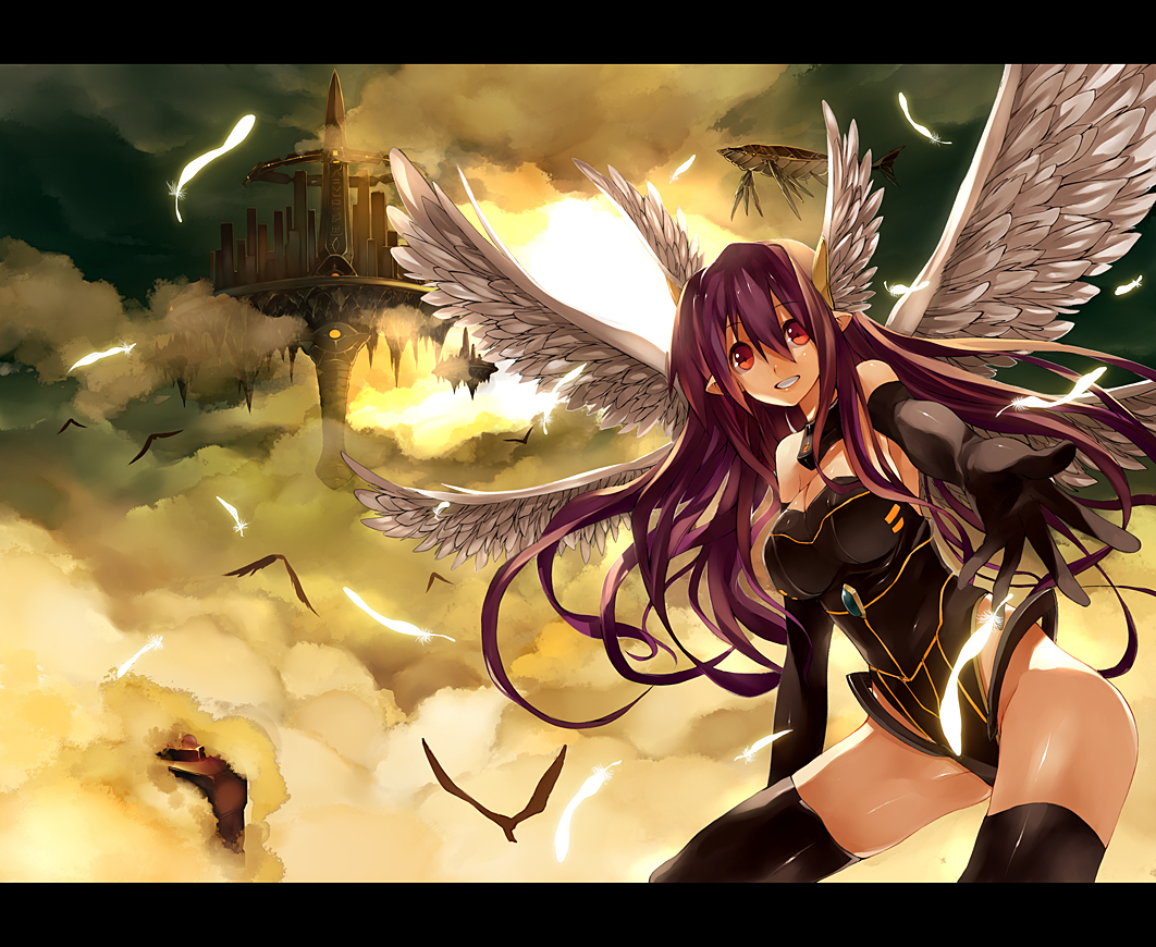 bad_id, bird, cloud, clouds, elbow_gloves, feathers, floating_city, gan_(shanimuni)