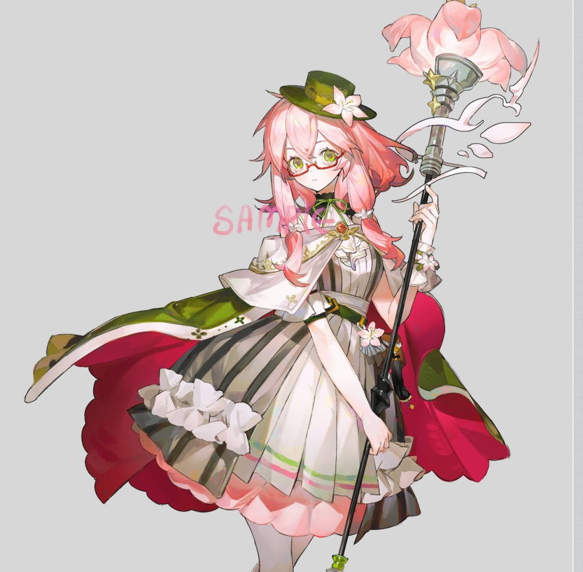 1girl, blush, cape, closed_mouth, dress, flower, green_cape, green_headwear