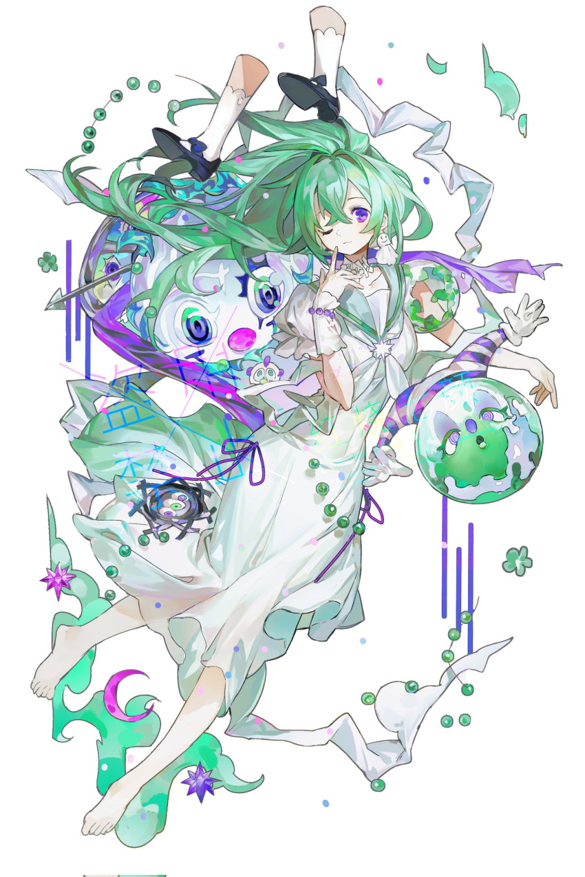 1girl, artist_name, ball, barefoot, blue_eyes, blue_ribbon, dress, earrings