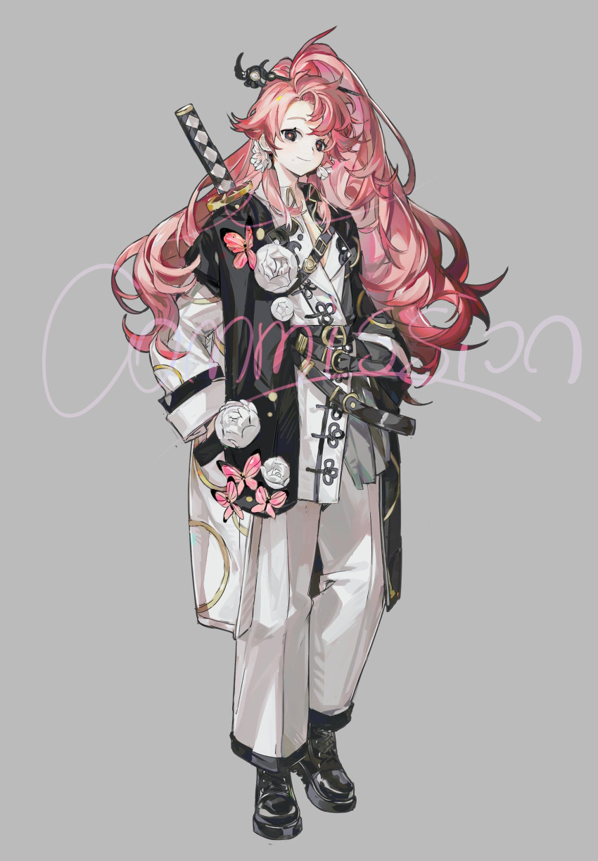 1girl, belt, black_eyes, black_jacket, bug, butterfly, closed_mouth, commission