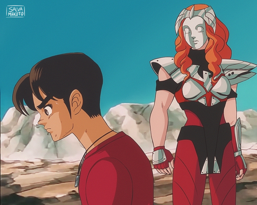 1990s_(style), 1boy, 1girl, anime_coloring, arm_guards, armor, asymmetrical_armor, breasts, brown_eyes, brown_hair, character_request, commentary_request, curly_hair, fake_screenshot, fingerless_gloves, gloves, highres, jewelry, knights_of_the_zodiac_(2023), long_hair, mask, necklace, orange_hair, retro_artstyle, saint_seiya, salvamakoto, shoulder_armor, signature, single_arm_guard, small_breasts, spanish_commentary, sweatdrop
