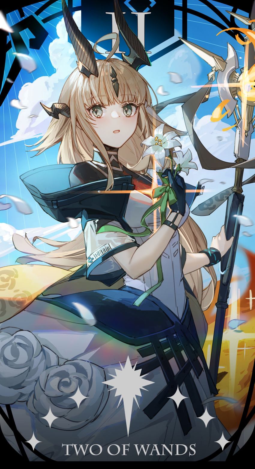 1girl, absurdres, ahoge, arknights, black_gloves, blonde_hair, blue_sky, cowboy_shot
