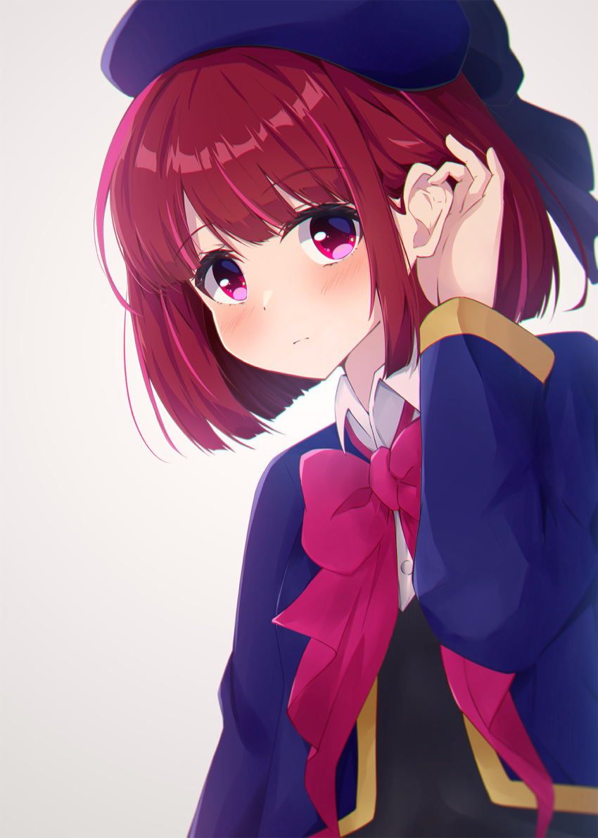 1girl, arima_kana, blue_headwear, blue_jacket, blush, closed_mouth, fugnp, hat, hat_ribbon, highres, jacket, light_blush, oshi_no_ko, pink_ribbon, red_eyes, redhead, ribbon, school_uniform, short_hair, unhappy, youtou_high_school_uniform