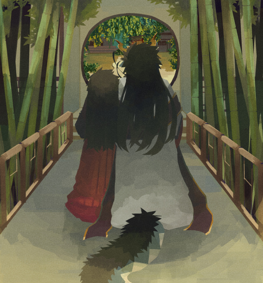 1boy, 1other, bamboo, black_hair, dragon_boy, dragon_horns, dragon_tail, fence