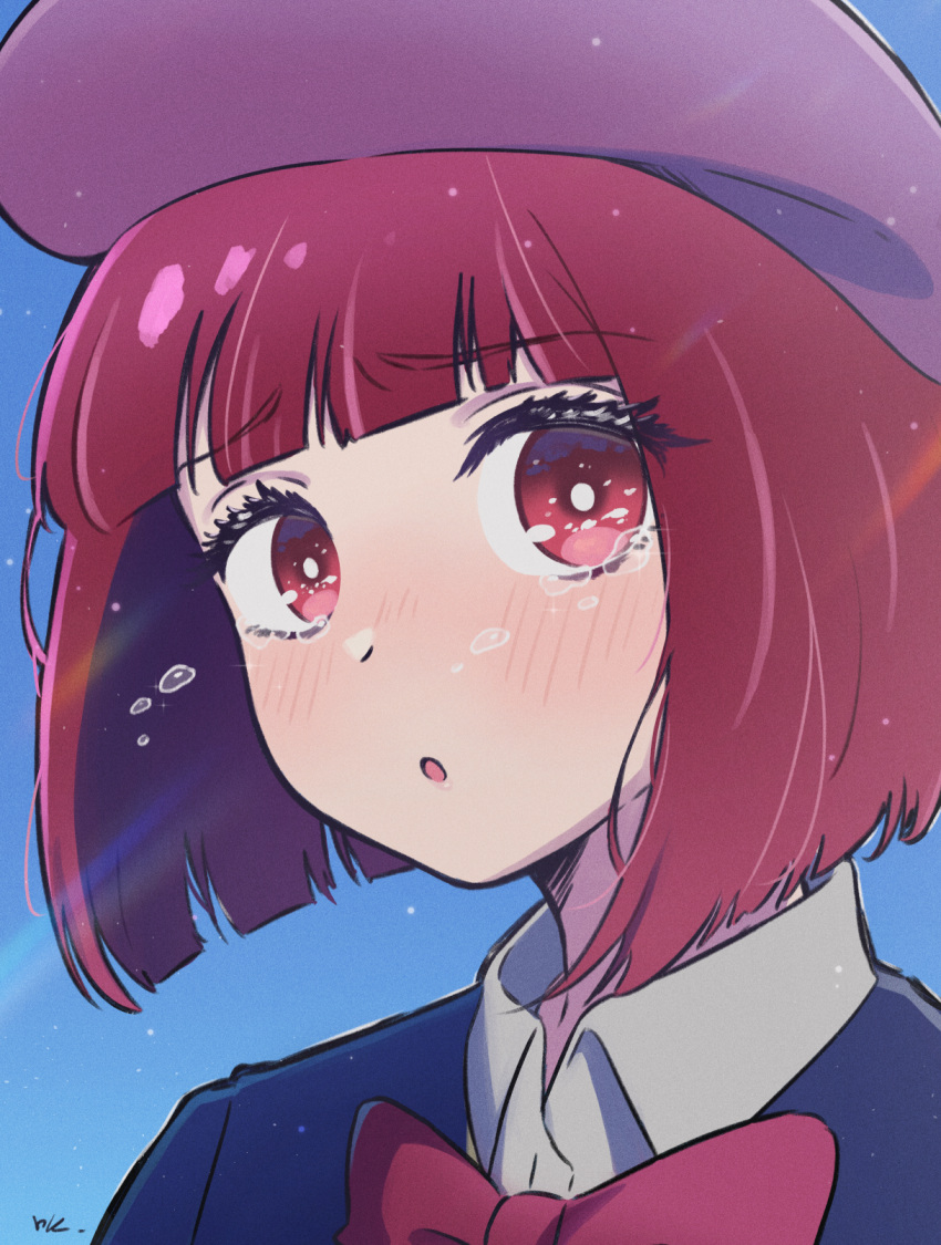 1girl, arima_kana, blue_jacket, blush, crying, hat, highres, jacket