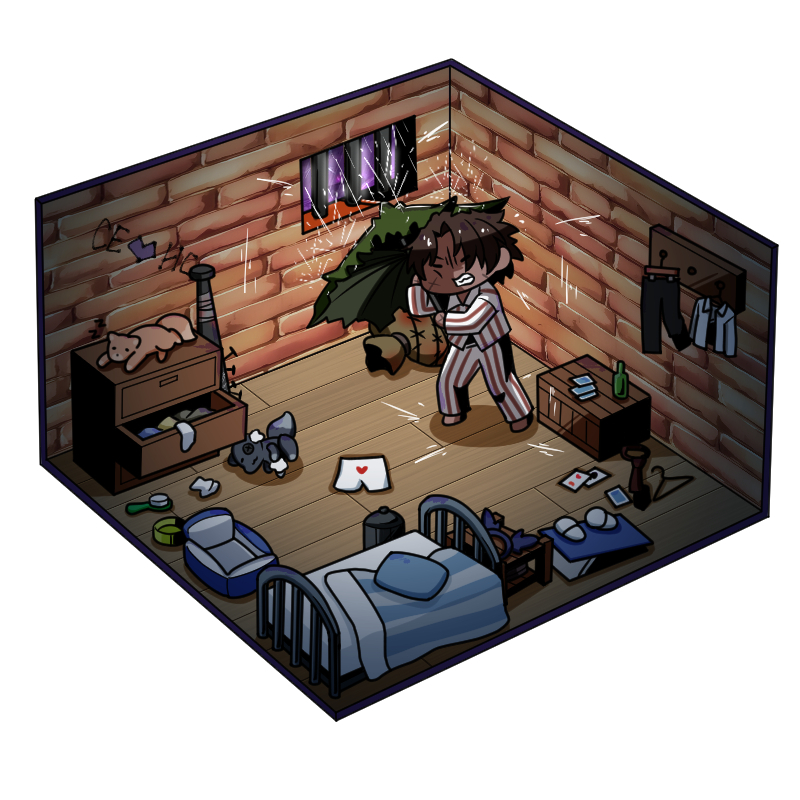1boy, animal_ear_headwear, barbed_wire, bars, baseball_bat, bed, big_and_will_be_bad_wolf, blanket