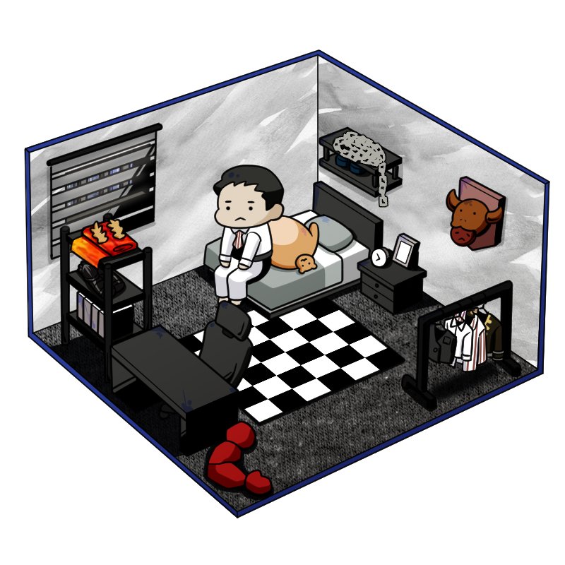 1boy, alarm_clock, bars, bed, blanket, blinds, book, brazen_bull_(limbus_company)