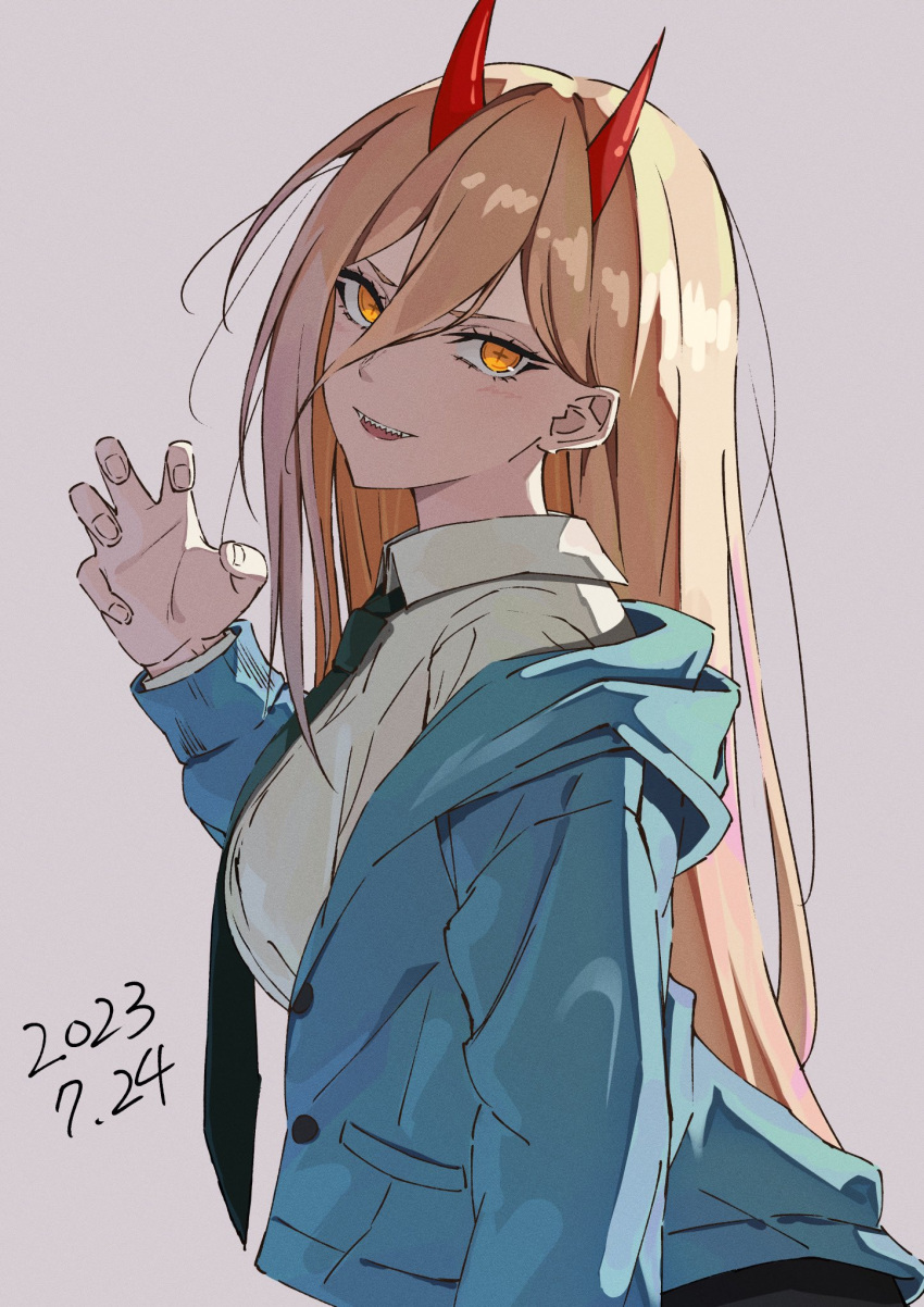 1girl, black_necktie, black_pants, blonde_hair, blue_hoodie, chainsaw_man, claw_pose, collared_shirt