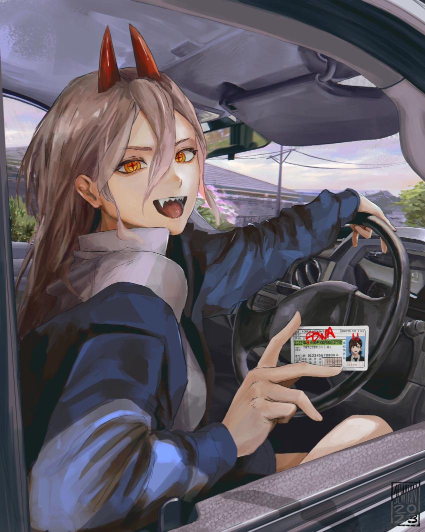 1girl, artist_logo, artist_name, black_jacket, black_necktie, blue_hoodie, brown_hair, car_interior
