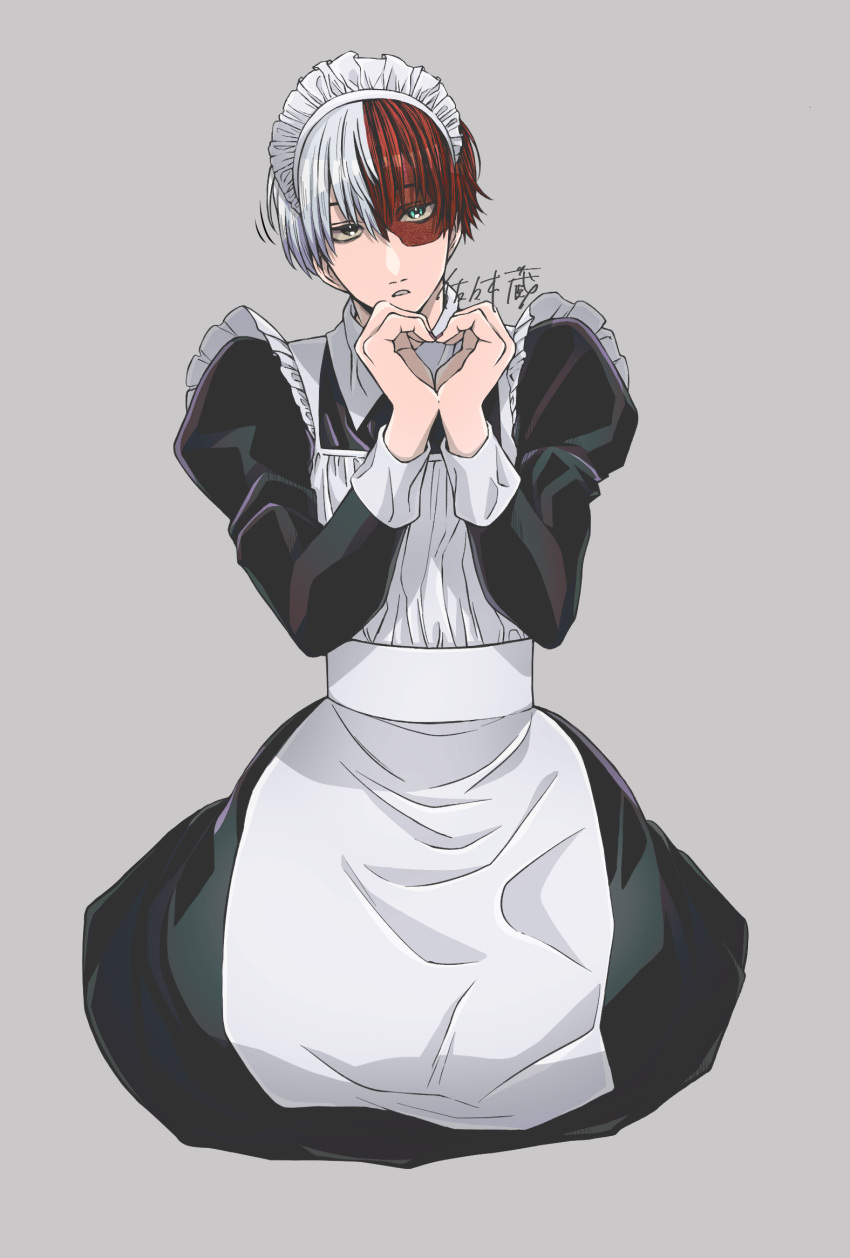 1boy, apron, boku_no_hero_academia, burn_scar, commentary, cropped_legs, crossdressing, dark_red_hair