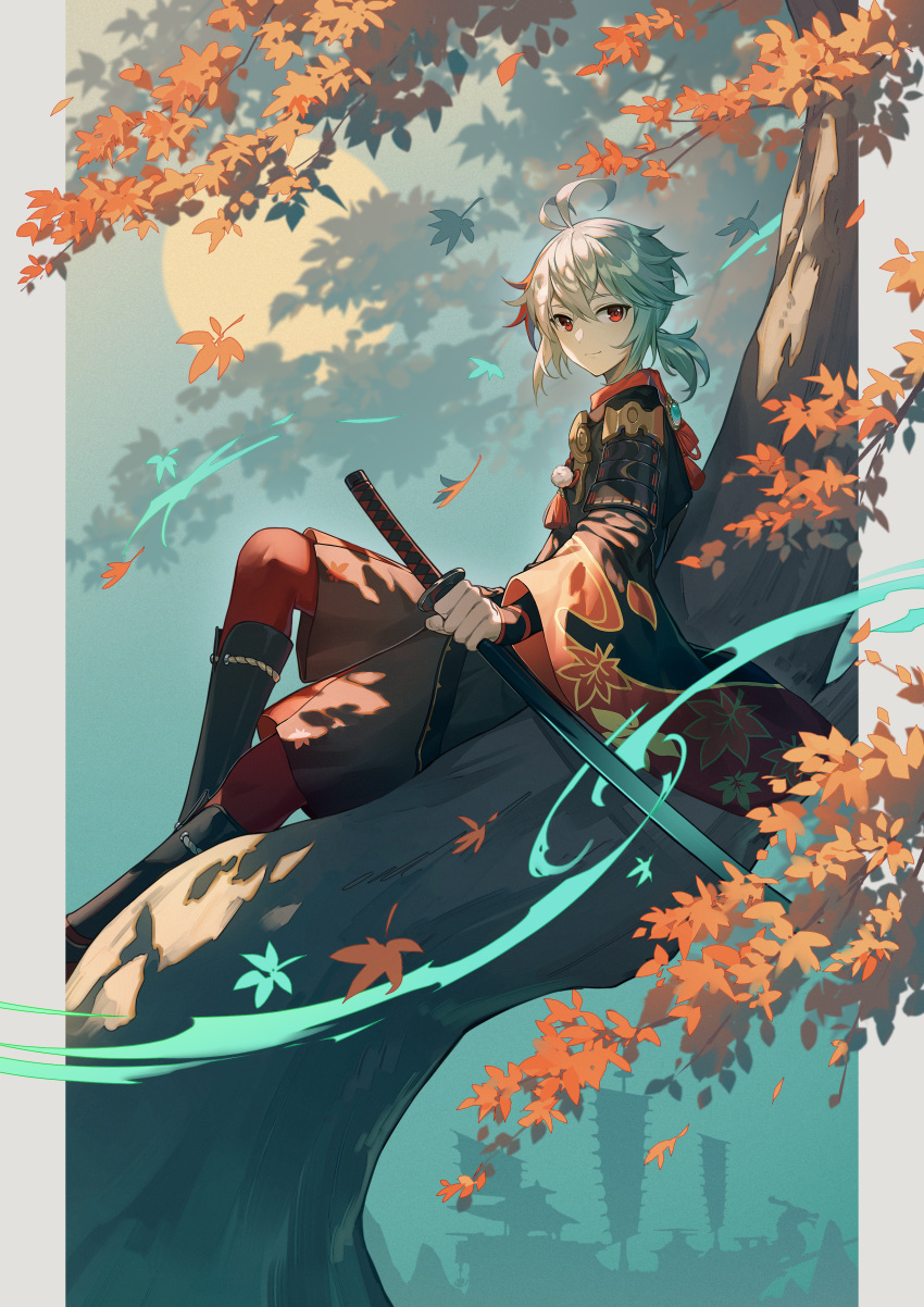 1boy, absurdres, antenna_hair, armor, branch, brown_shorts, closed_mouth, commentary_request