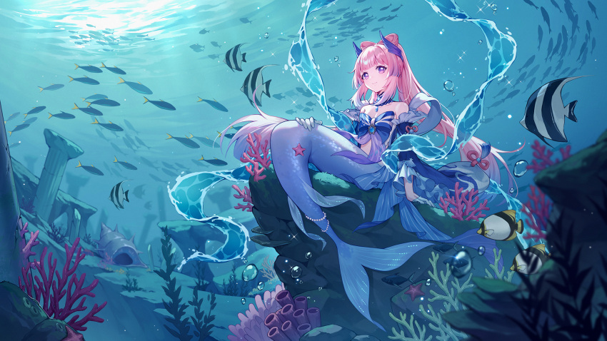 1girl, air_bubble, arm_support, bare_shoulders, bead_tail_ornament, beads, blue_bow, blue_hair, blue_kimono, blunt_bangs, blush, bow, bow-shaped_hair, bubble, butterflyfish, closed_mouth, collarbone, commentary_request, coral, detached_collar, eyelashes, fins, fish, fish_tail, floating_hair, frilled_sleeves, frills, genshin_impact, gloves, gradient_hair, hair_ornament, half_gloves, highres, japanese_clothes, kimono, long_hair, long_sleeves, looking_at_viewer, mermaid, monster_girl, moorish_idol, multicolored_hair, off_shoulder, open_clothes, open_kimono, panpanmeiyou_hp, pillar, pink_hair, purple_ribbon, ribbon, rock, ruins, sangonomiya_kokomi, school_of_fish, seashell, seaweed, shell, short_eyebrows, sidelocks, sitting, smile, solo, sparkle, starfish, tail, underwater, very_long_hair, violet_eyes, vision_(genshin_impact), water, white_gloves, wide_sleeves