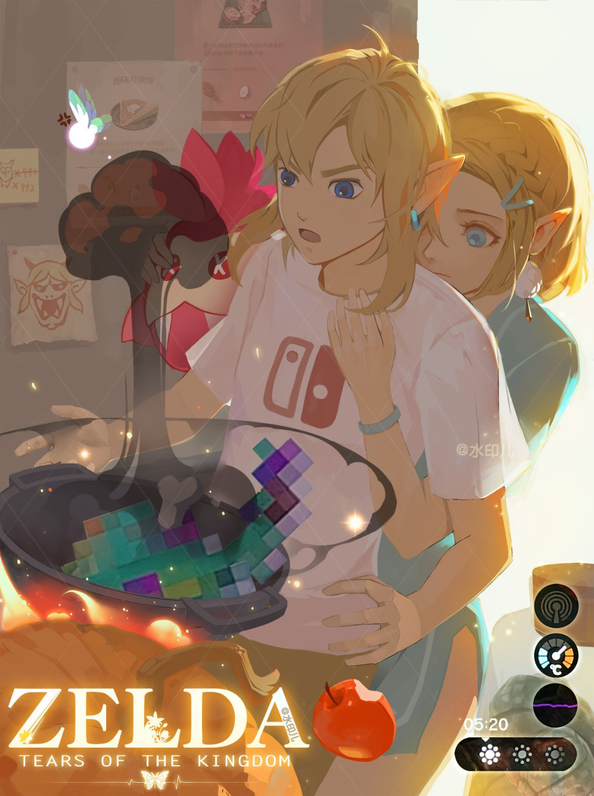 1boy, 1girl, bad_food, blonde_hair, blue_eyes, braid, crown_braid, earrings