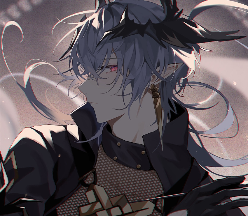 1boy, arknights, bishounen, black_gloves, borrowed_character, earrings, from_side, gloves