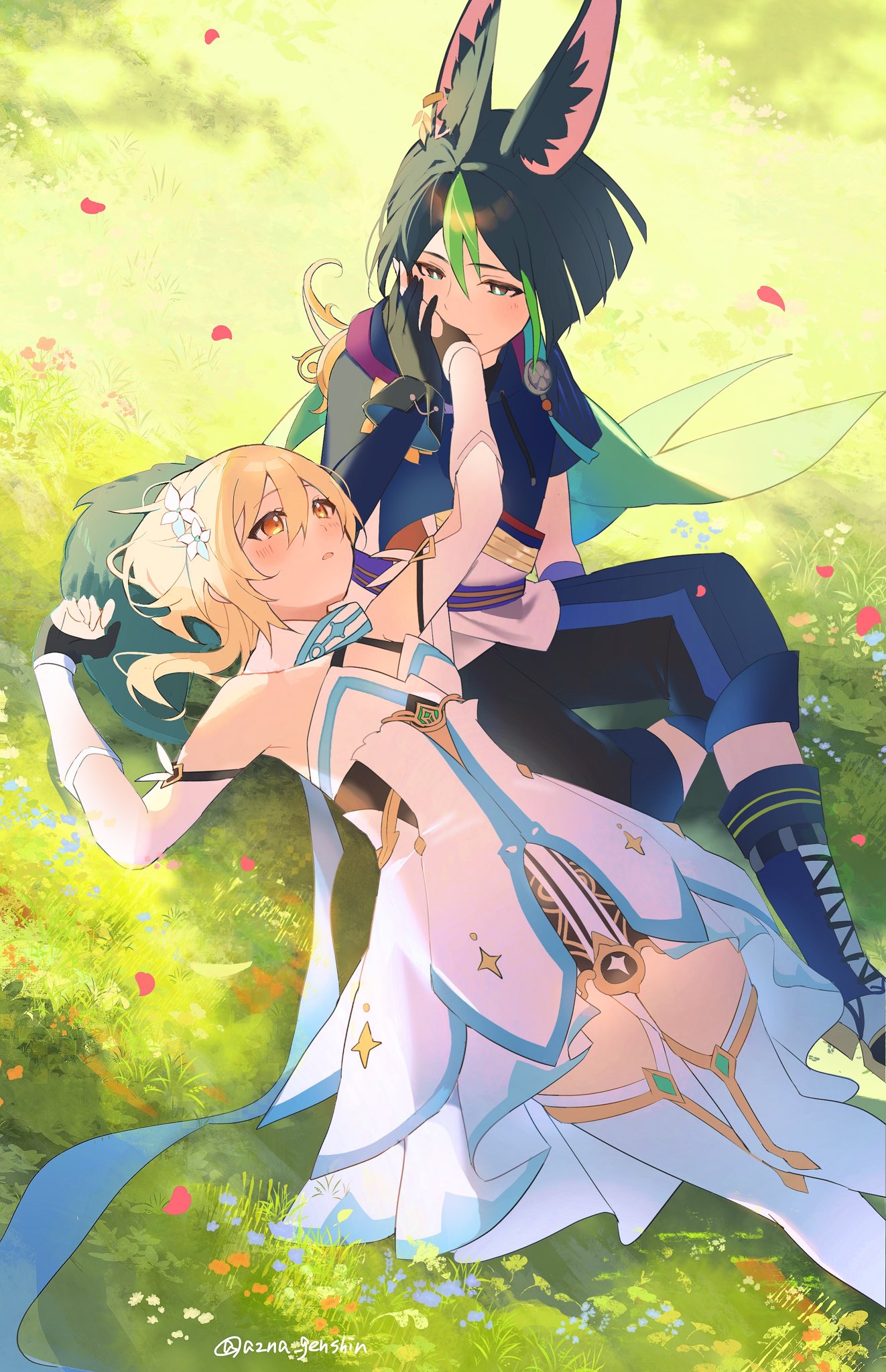 1boy, 1girl, animal_ears, azna, black_gloves, black_hair, blonde_hair, couple