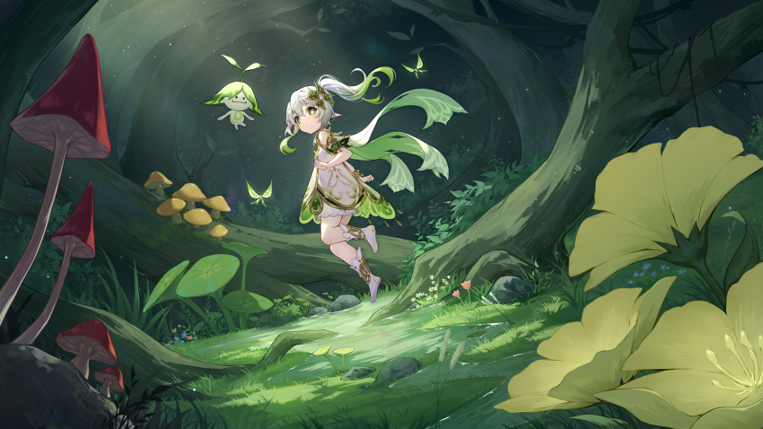 1girl, aranara_(genshin_impact), bloomers, blush, bug, cape, closed_mouth, commentary_request