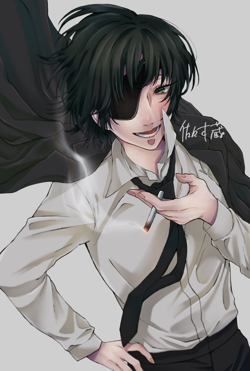 1girl, artist_name, between_fingers, black_hair, black_jacket, black_pants, chainsaw_man, cigarette, collared_shirt, commentary, dress_shirt, eyelashes, eyepatch, fingernails, green_eyes, grey_background, hand_on_own_hip, highres, himeno_(chainsaw_man), holding, holding_cigarette, jacket, jacket_on_shoulders, lapels, long_sleeves, looking_at_viewer, loose_necktie, lower_teeth_only, necktie, notched_lapels, one_eye_covered, open_collar, pants, pink_nails, popped_collar, reverse_trap, sasaki_kura, shirt, signature, simple_background, smoke, smoking, solo, suit_jacket, teeth, upper_body, white_background, white_shirt