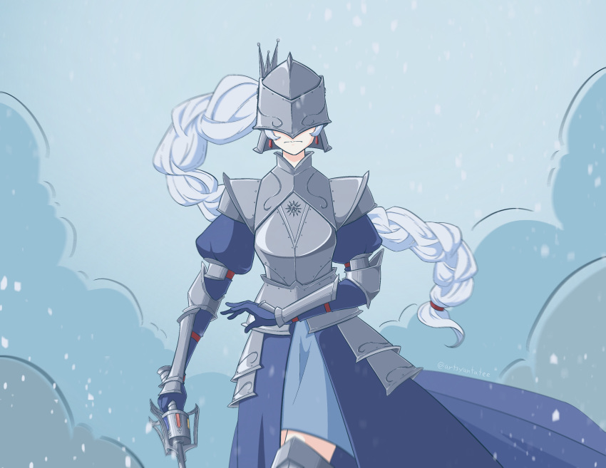 1girl, absurdres, alternate_costume, armor, artsyantatee, blue_background, blue_dress, braid, breastplate, covered_eyes, dress, gauntlets, helmet, highres, holding, holding_weapon, long_hair, myrtenaster, rwby, single_braid, skirt, snow, snowing, solo, sword, weapon, weiss_schnee, white_hair