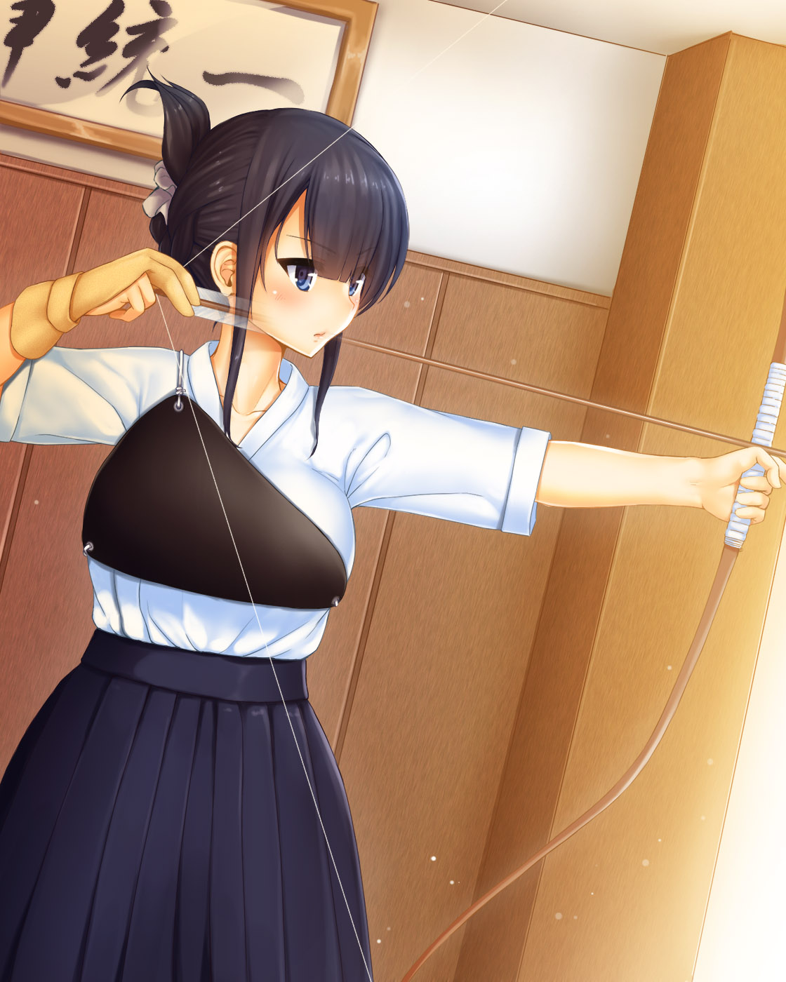 1girl, archery, arrow_(projectile), black_hair, black_hakama, bow_(weapon), drawing_bow, dutch_angle