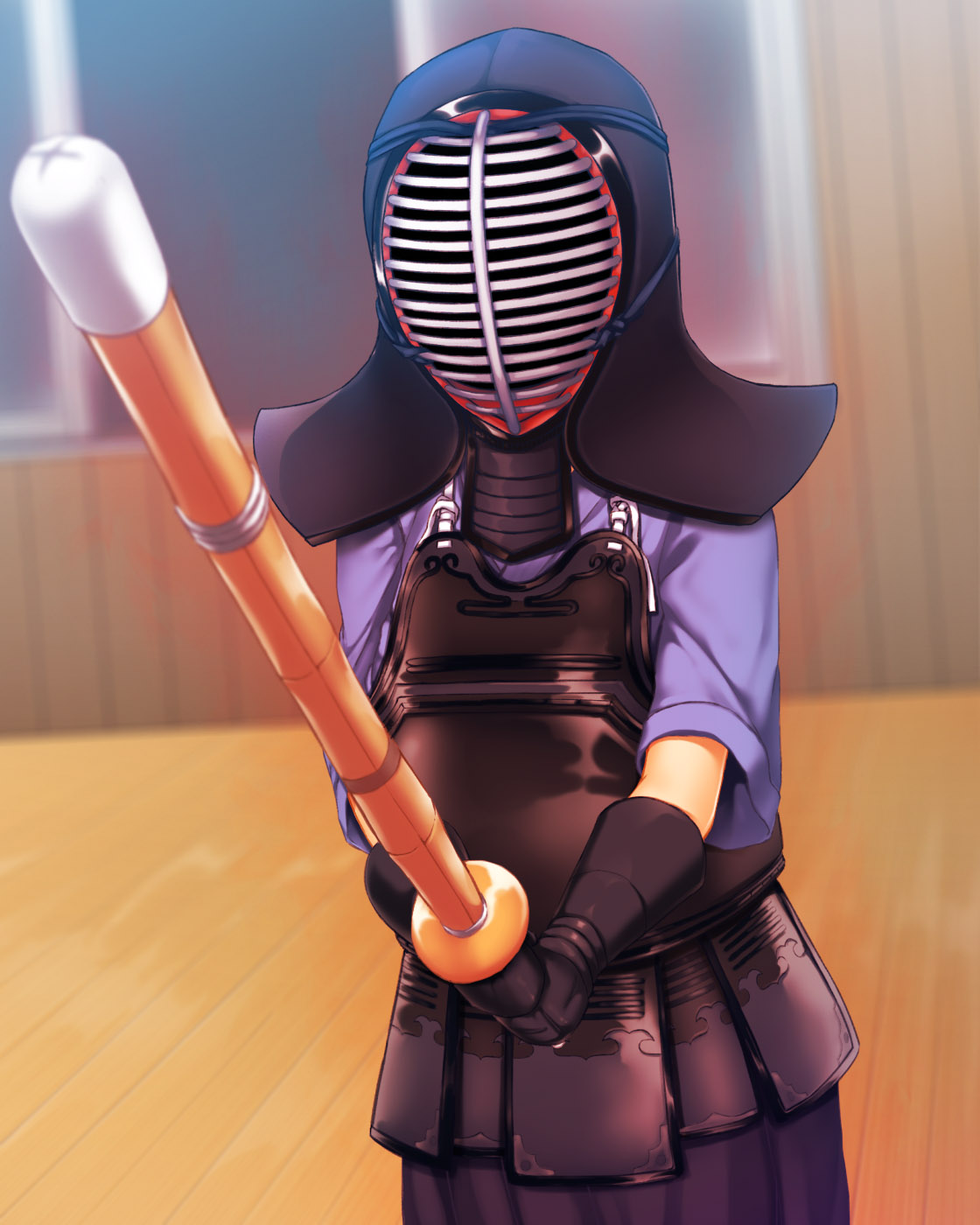 1girl, black_gloves, blurry, blurry_background, bougu, gloves, highres, holding