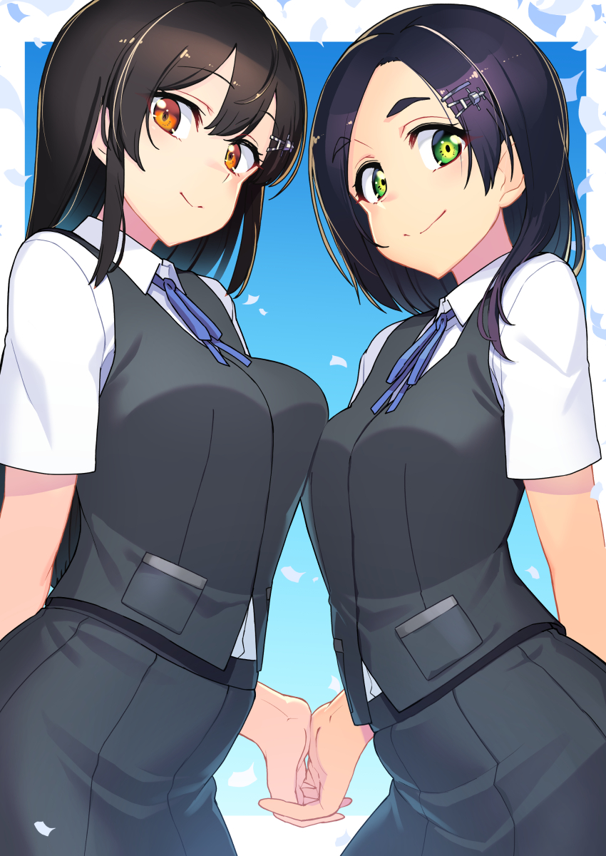 2girls, arms_behind_back, asymmetrical_docking, black_hair, black_vest, blue_ribbon, breast_press, breasts