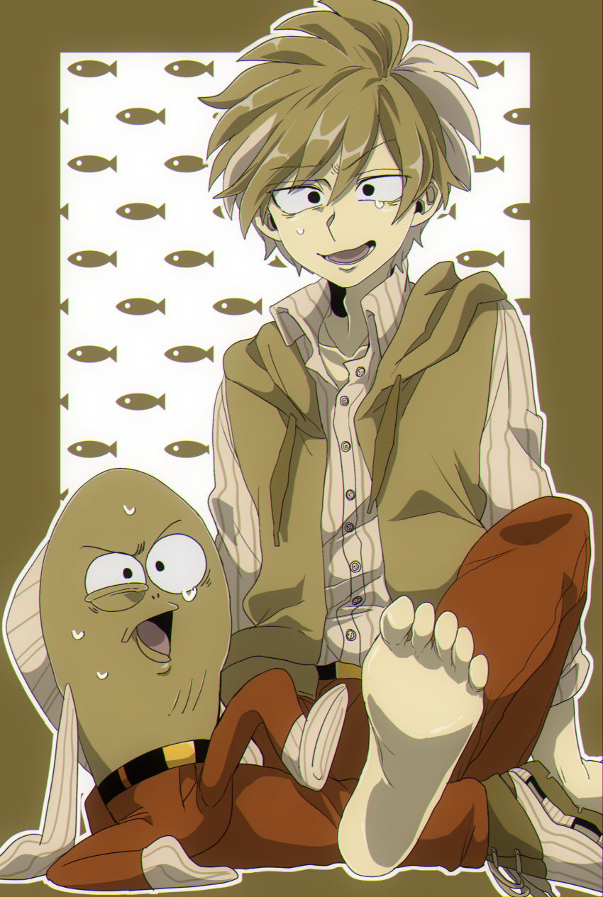 1boy, absurdres, animification, belt, black_belt, border, brown_border, brown_footwear, brown_hair, brown_vest, buttons, collarbone, collared_shirt, creature_and_personification, fred_(spongebob_squarepants), highres, humanization, long_sleeves, male_focus, open_mouth, segawasa, shirt, shoes, single_shoe, spongebob_squarepants, striped, striped_shirt, sweatdrop, vertical-striped_shirt, vertical_stripes, vest