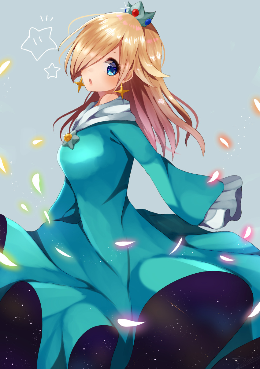 1girl, absurdres, blonde_hair, blue_dress, blue_eyes, crown, dress, earrings