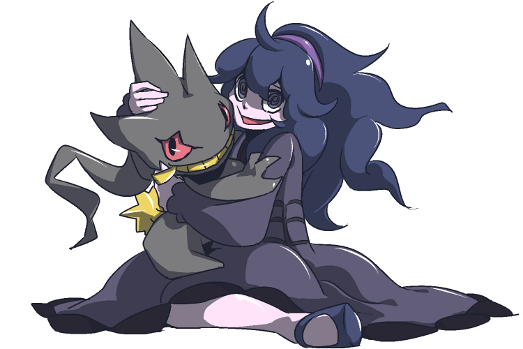 1girl, @_@, animal_hug, banette, cheek_press, dress, hairband, hex_maniac_(pokemon), long_hair, messy_hair, open_mouth, pantyhose, pink_pantyhose, pokemon, pokemon_(creature), pokemon_(game), pokemon_xy, purple_dress, purple_footwear, purple_hairband, red_eyes, violet_eyes, white_background, yagi_12
