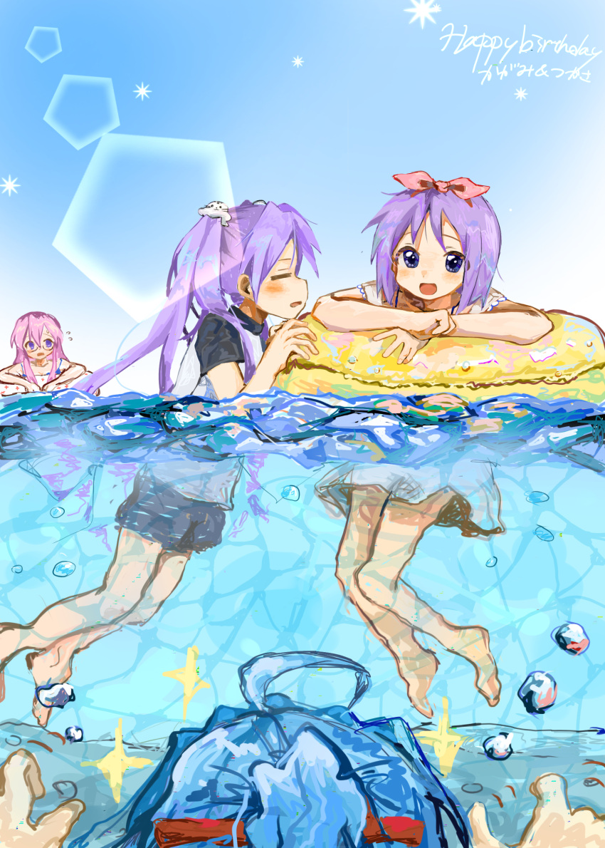 4girls, barefoot, blue_eyes, blue_hair, blush, friends, highres, hiiragi_kagami