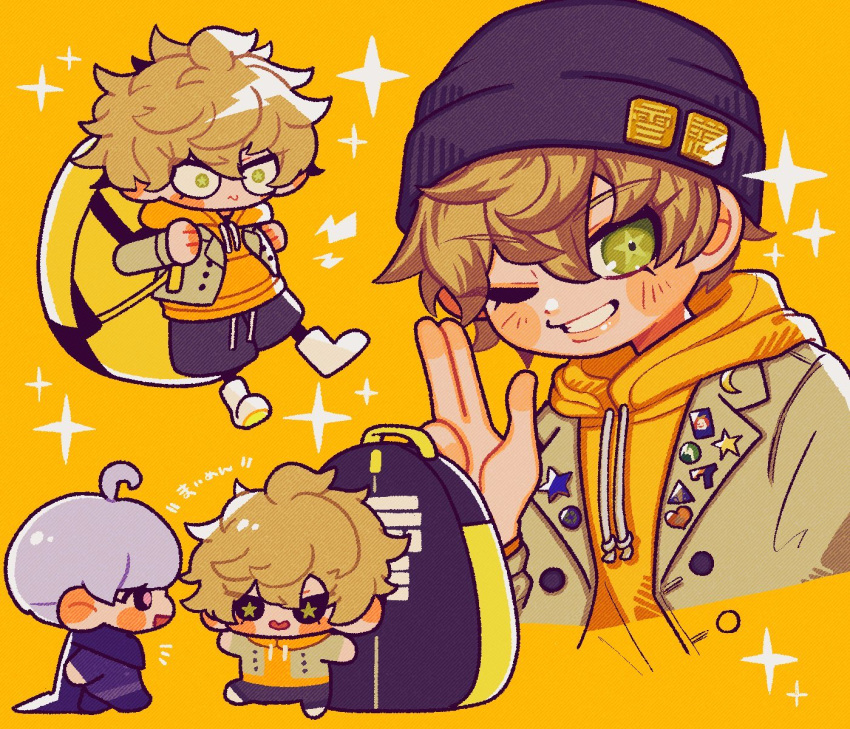 2boys, ahoge, backpack, bag, beanie, black_headwear, black_shorts, blonde_hair, blush, boots, chibi, closed_mouth, commentary, cropped_torso, desuhiko_thunderbolt, full_body, green_eyes, grin, hair_between_eyes, hat, highres, hood, hood_down, hoodie, long_sleeves, looking_at_viewer, male_focus, master_detective_archives:_rain_code, multiple_boys, multiple_views, one_eye_closed, open_mouth, pants, purple_hair, salute, short_hair, shorts, smile, sparkle, standing, star_(symbol), star_in_eye, symbol-only_commentary, symbol_in_eye, tonio_(spuid_antn), two-finger_salute, white_footwear, yellow_background, yellow_bag, yellow_hoodie, yuma_kokohead