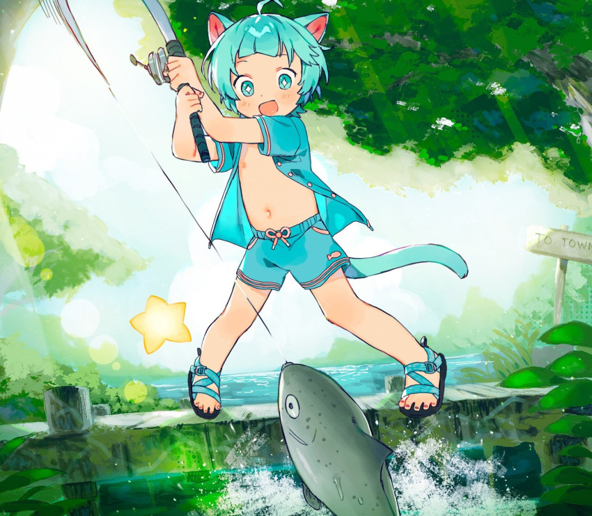 1boy, animal_ears, blue_eyes, blue_hair, blue_shorts, cat_boy, cat_ears, cat_tail