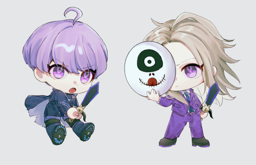 2boys, ahoge, beizi_(mskk_is_rio), black_footwear, blonde_hair, blue_cape, blue_footwear, blue_jacket