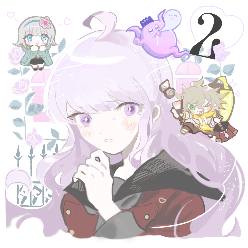 1girl, 2boys, ahoge, black_sailor_collar, blonde_hair, blue_eyes, blue_hairband, blush, bo_eb_d, chibi, closed_eyes, coat, commentary_request, crossdressing, crown, desuhiko_thunderbolt, drooling, flower, frown, green_coat, green_eyes, grey_hair, grey_neckerchief, hairband, holding, holding_clothes, horns, kurumi_wendy, leaf, long_hair, long_sleeves, looking_at_viewer, master_detective_archives:_rain_code, multiple_boys, neckerchief, official_alternate_costume, open_mouth, otoko_no_ko, purple_hair, red_shirt, rose, sailor_collar, school_uniform, shinigami_(rain_code), shirt, short_hair, sleeping, smile, spoilers, standing, sweatdrop, violet_eyes, yuma_kokohead