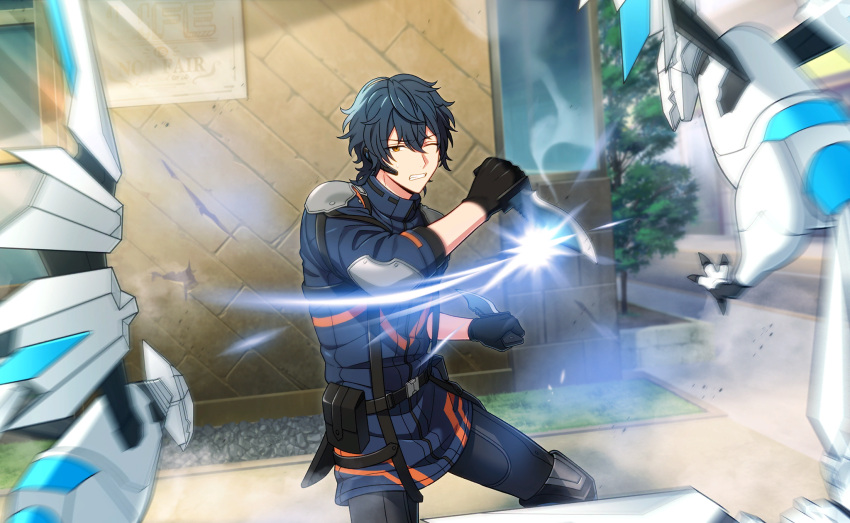 1boy, black_gloves, black_hair, elbow_pads, gloves, gray_reverse, hair_between_eyes, happy_elements